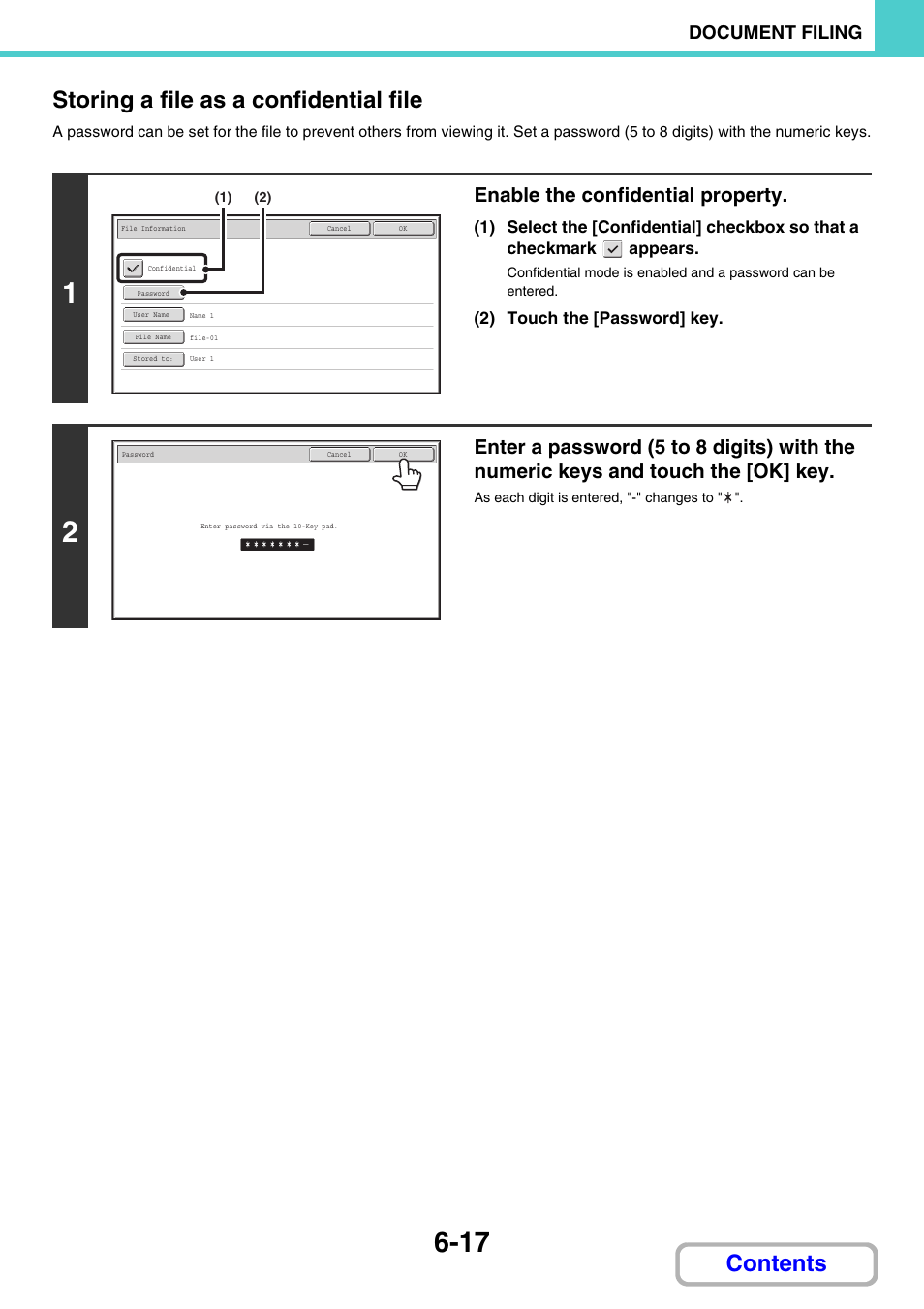 Storing a file as a confidential file, Contents storing a file as a confidential file, Enable the confidential property | Document filing | Sharp MX-3100N User Manual | Page 612 / 799