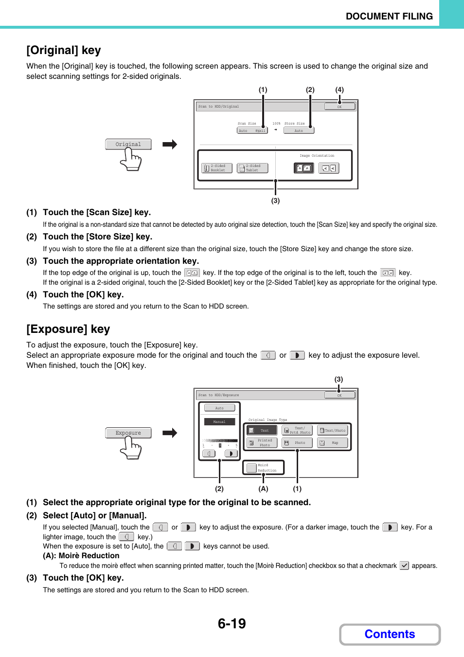 Original] key, E 6-19), Contents [original] key | Exposure] key, Document filing, 1) touch the [scan size] key, 2) touch the [store size] key, 3) touch the appropriate orientation key, 4) touch the [ok] key, 3) touch the [ok] key | Sharp MX-3100N User Manual | Page 614 / 799