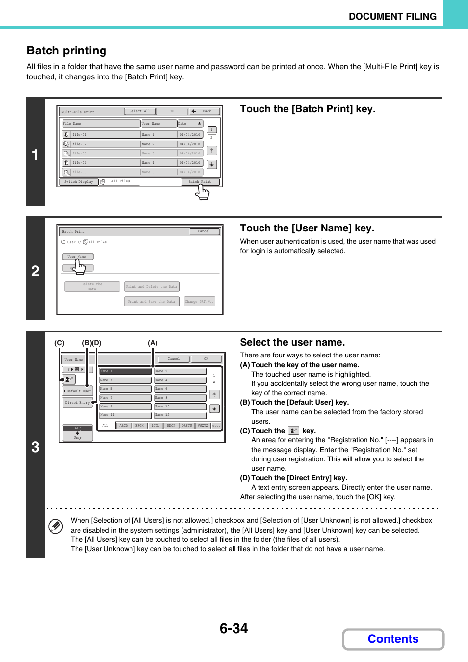 Batch printing, Contents batch printing, Touch the [batch print] key | Touch the [user name] key, Select the user name, Document filing | Sharp MX-3100N User Manual | Page 629 / 799