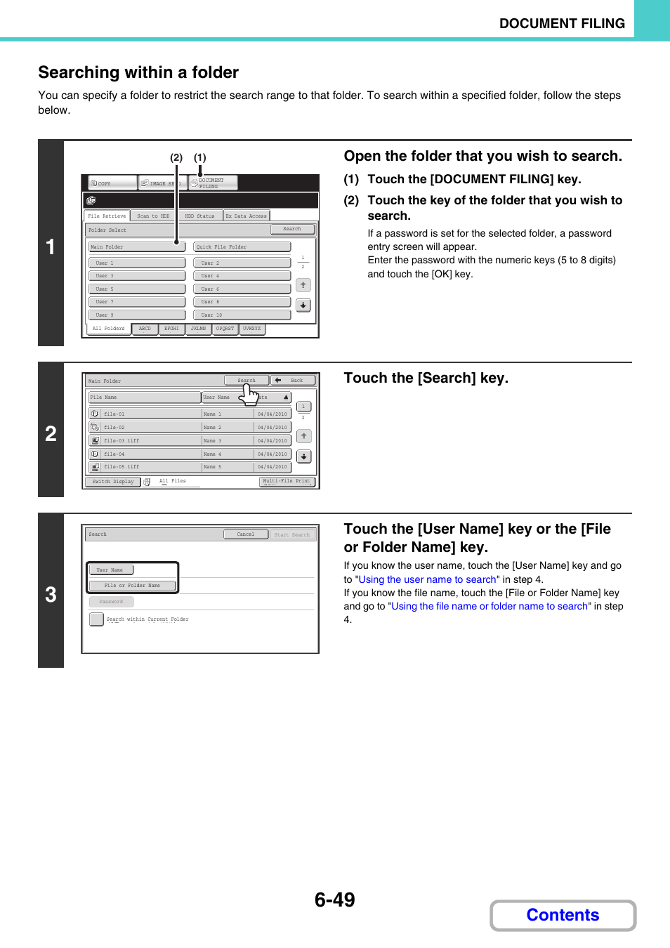 Contents searching within a folder, Open the folder that you wish to search, Touch the [search] key | Document filing | Sharp MX-3100N User Manual | Page 644 / 799