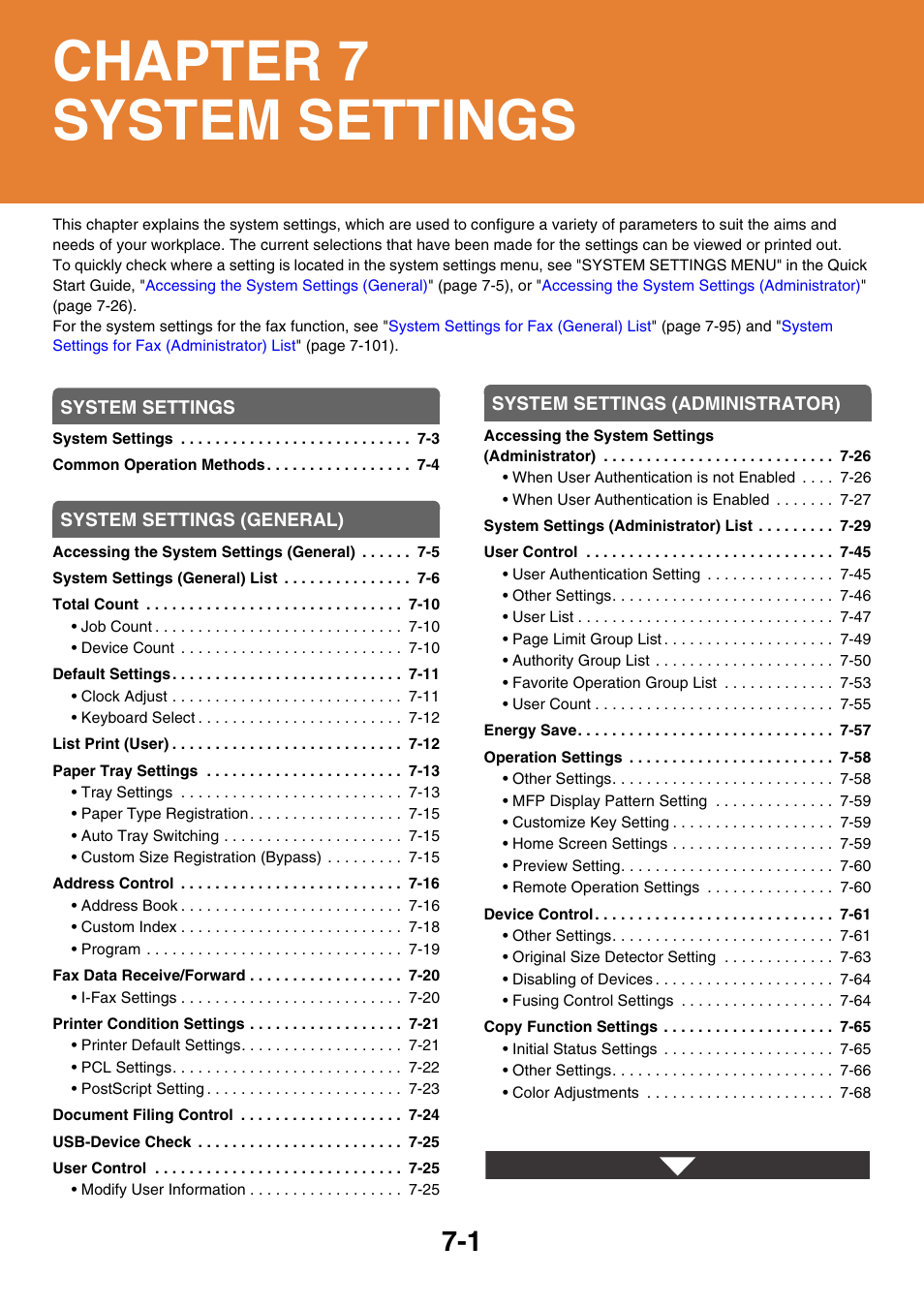 System settings, Chapter 7 system settings | Sharp MX-3100N User Manual | Page 647 / 799