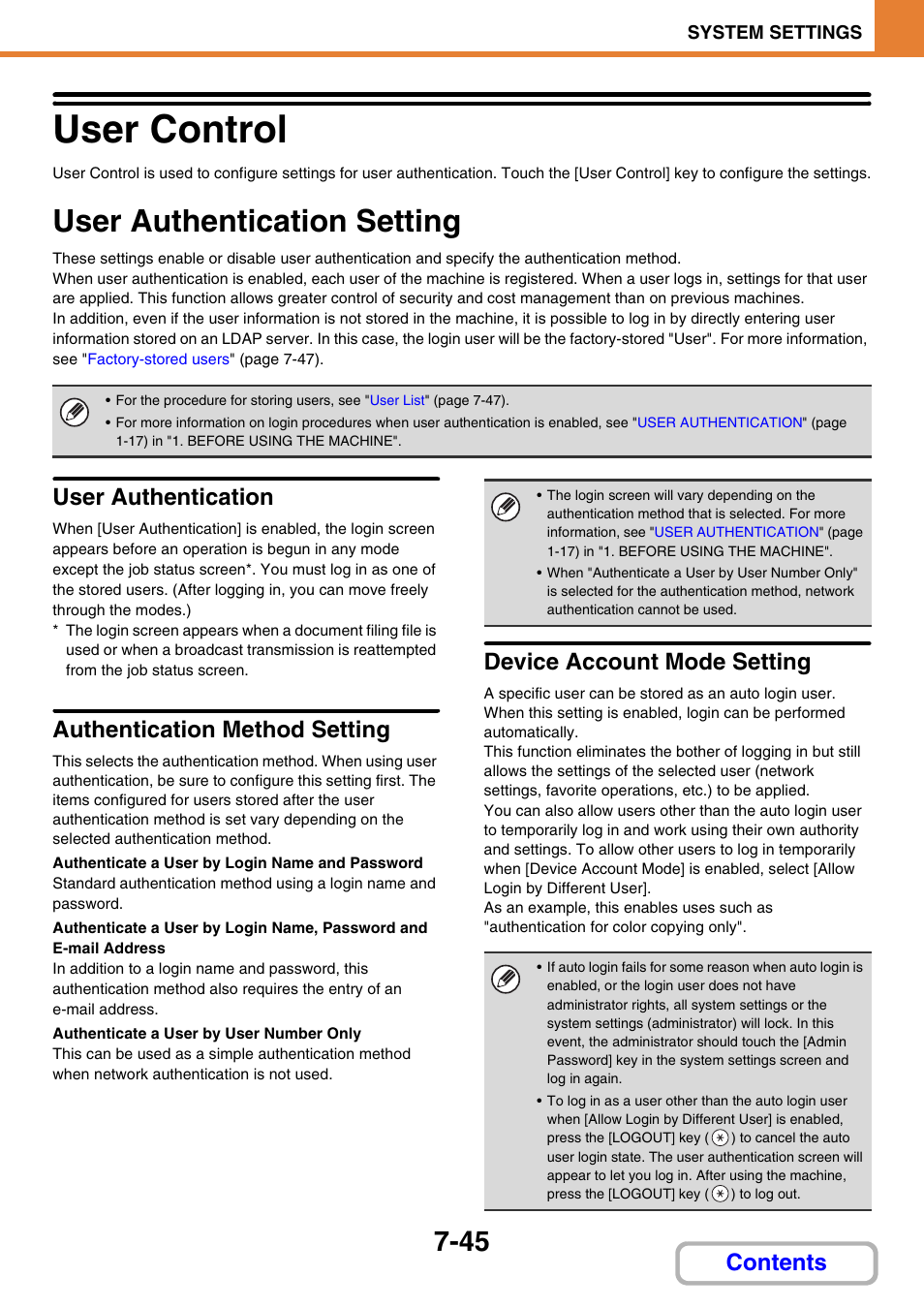 Es, see, User control, 45) in | User control -45, User authentication setting -45, User authentication setting, 45) is, When, User authentication, Authentication method setting | Sharp MX-3100N User Manual | Page 691 / 799