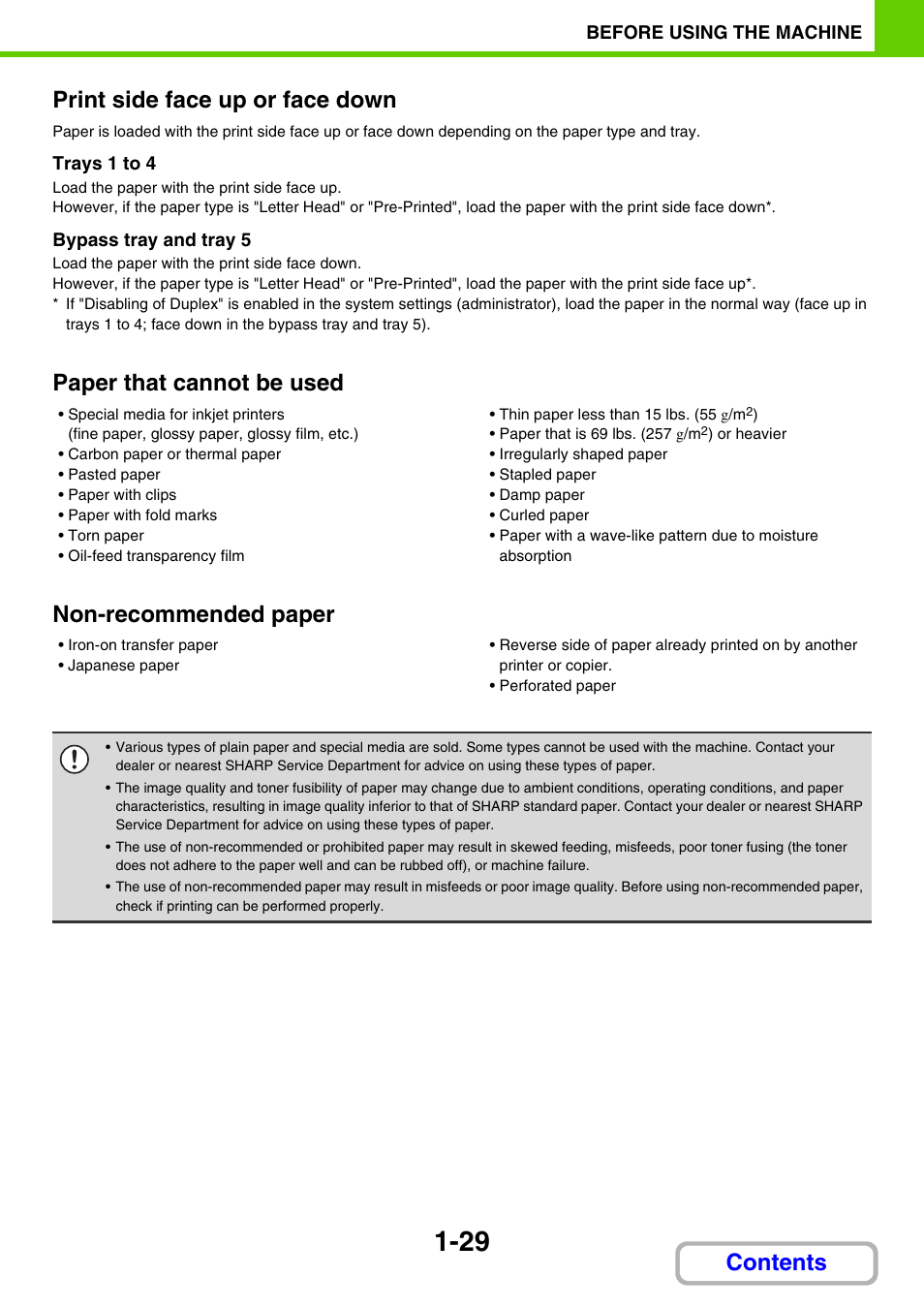 Contents print side face up or face down, Paper that cannot be used, Non-recommended paper | Sharp MX-3100N User Manual | Page 70 / 799