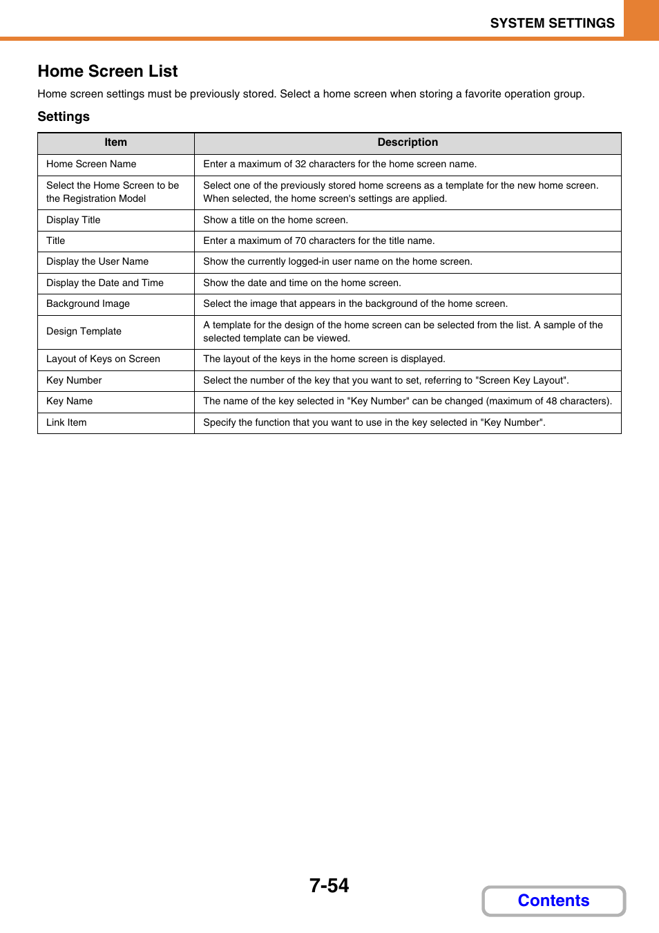 Home screen list, Contents home screen list, System settings | Settings | Sharp MX-3100N User Manual | Page 700 / 799