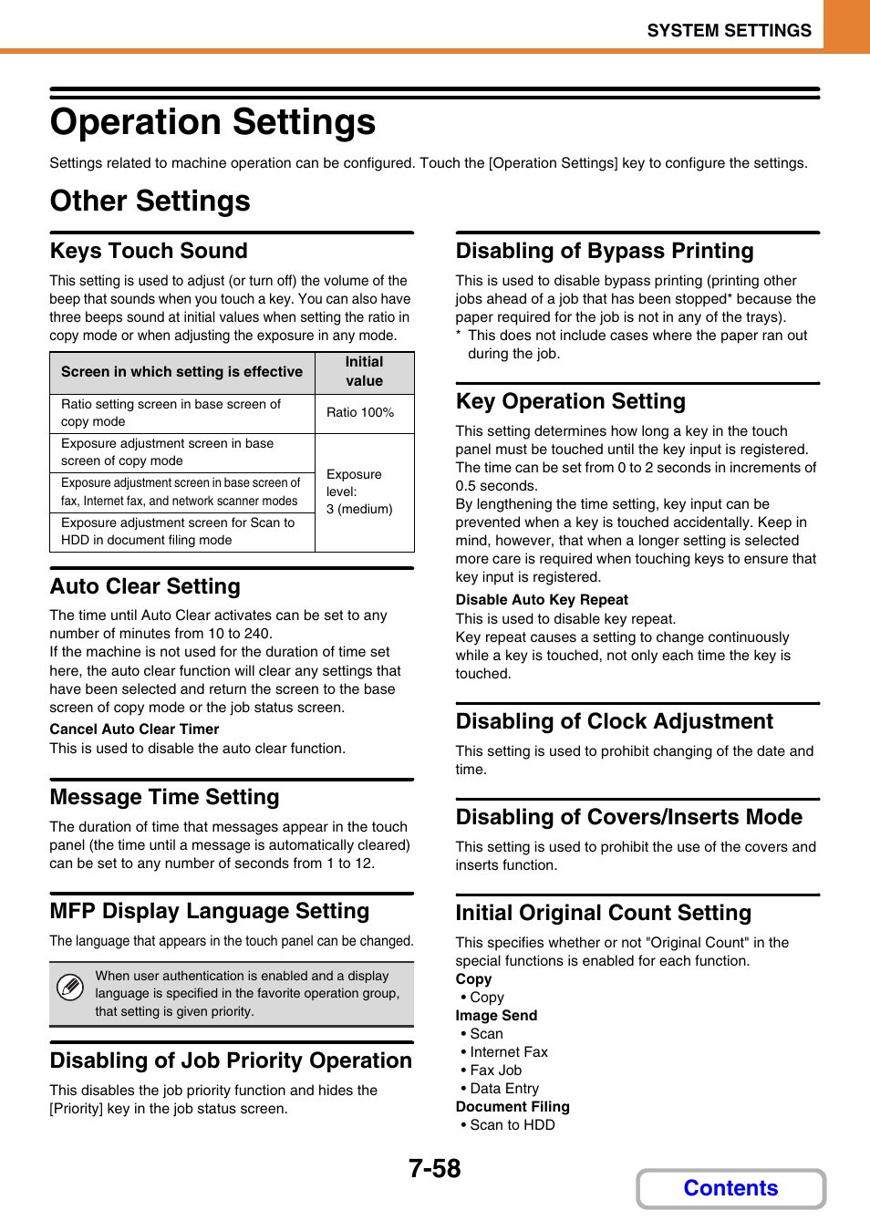 Operation settings -58, Other settings -58, Disabling of clock adjustment | 58) has bee, Operation settings, Other settings, Keys touch sound, Auto clear setting, Message time setting, Mfp display language setting | Sharp MX-3100N User Manual | Page 704 / 799