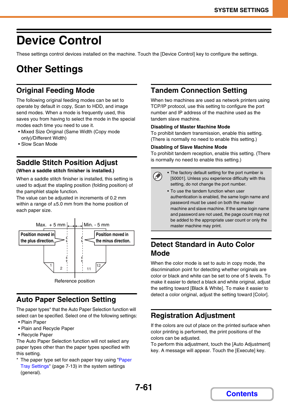 Device control -61, Other settings -61, Device control | Other settings, Original feeding mode, Saddle stitch position adjust, Auto paper selection setting, Tandem connection setting, Detect standard in auto color mode, Registration adjustment | Sharp MX-3100N User Manual | Page 707 / 799