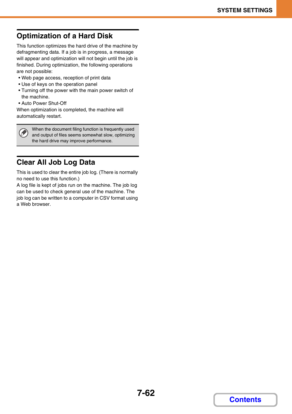 Optimization of a hard disk, Clear all job log data, Contents optimization of a hard disk | Sharp MX-3100N User Manual | Page 708 / 799