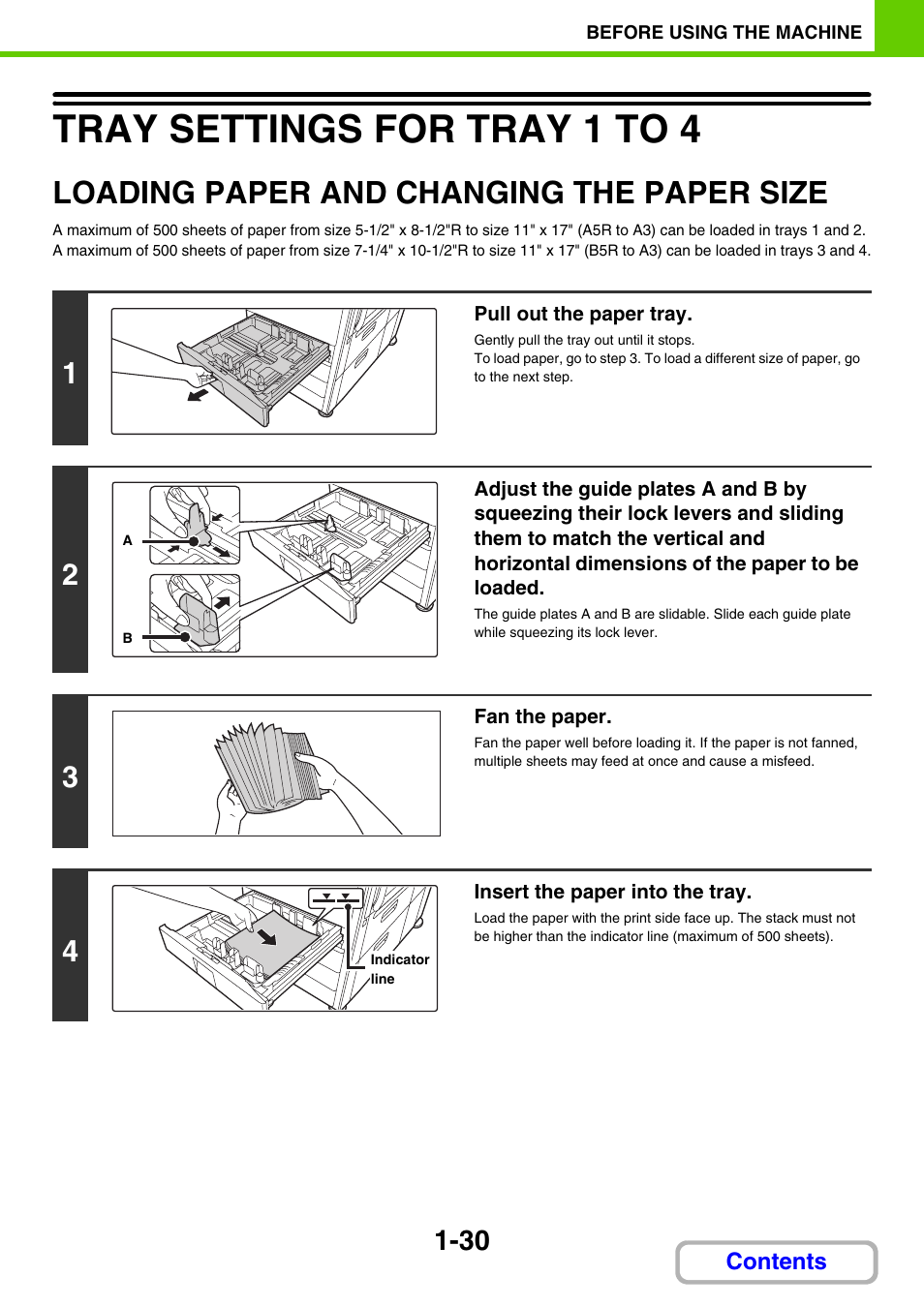 Tray settings for tray 1 to 4 -30, Loading paper and changing the, Paper size -30 | Tray settings for tray 1 to 4, Loading paper and changing the paper size | Sharp MX-3100N User Manual | Page 71 / 799