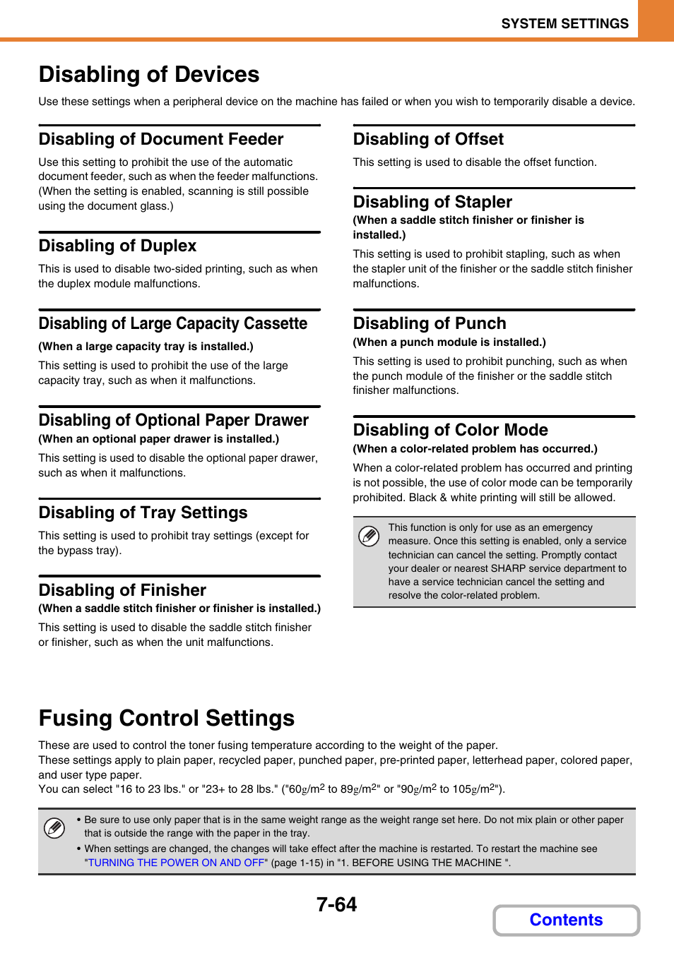 Disabling of devices -64, Fusing control settings -64, Disabling of tray settings | Disabling of devices, Disabling of document feeder, Disabling of duplex, Disabling of large capacity cassette, Disabling of optional paper drawer, Disabling of finisher, Disabling of offset | Sharp MX-3100N User Manual | Page 710 / 799