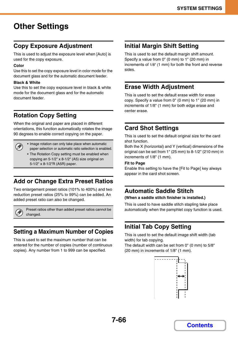 Other settings -66, Other settings, Copy exposure adjustment | Rotation copy setting, Add or change extra preset ratios, Setting a maximum number of copies, Initial margin shift setting, Erase width adjustment, Card shot settings, Automatic saddle stitch | Sharp MX-3100N User Manual | Page 712 / 799