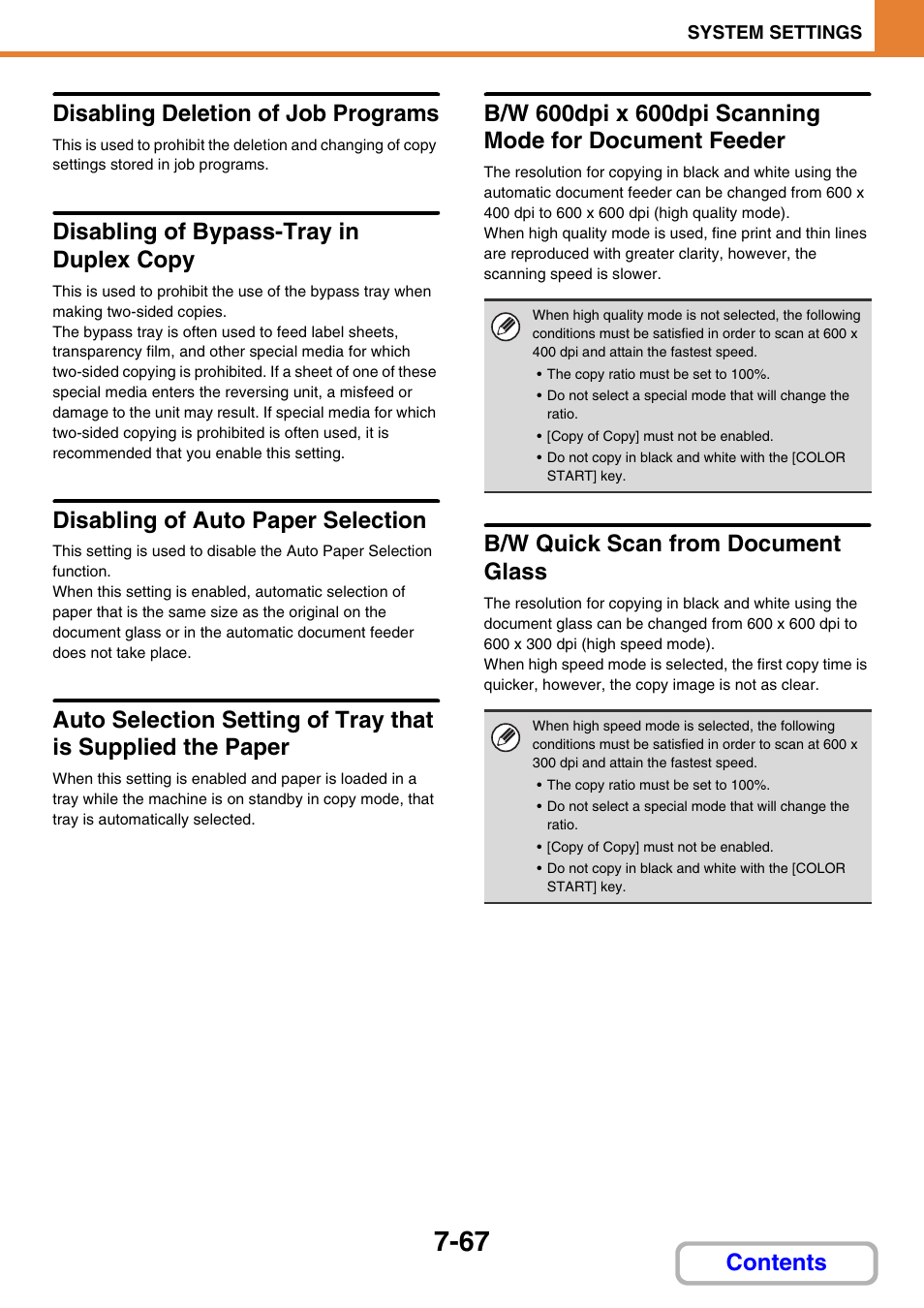 Disabling deletion of job programs, Disabling of bypass-tray in duplex copy, Disabling of auto paper selection | B/w quick scan from document glass, Contents disabling deletion of job programs | Sharp MX-3100N User Manual | Page 713 / 799