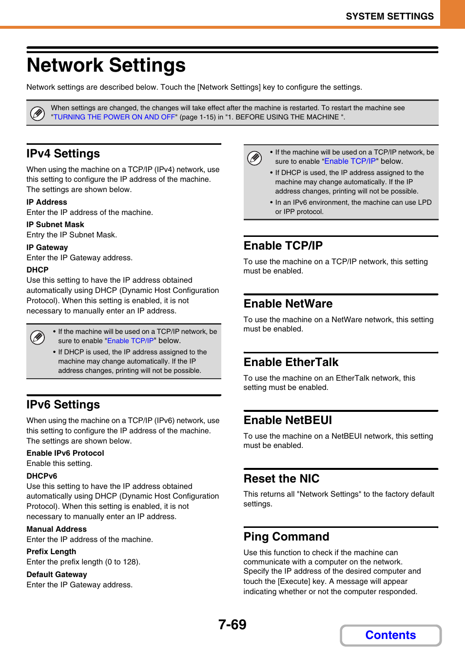 Network settings -69, Network settings, Ipv4 settings | Ipv6 settings, Enable tcp/ip, Enable netware, Enable ethertalk, Enable netbeui, Reset the nic, Ping command | Sharp MX-3100N User Manual | Page 715 / 799