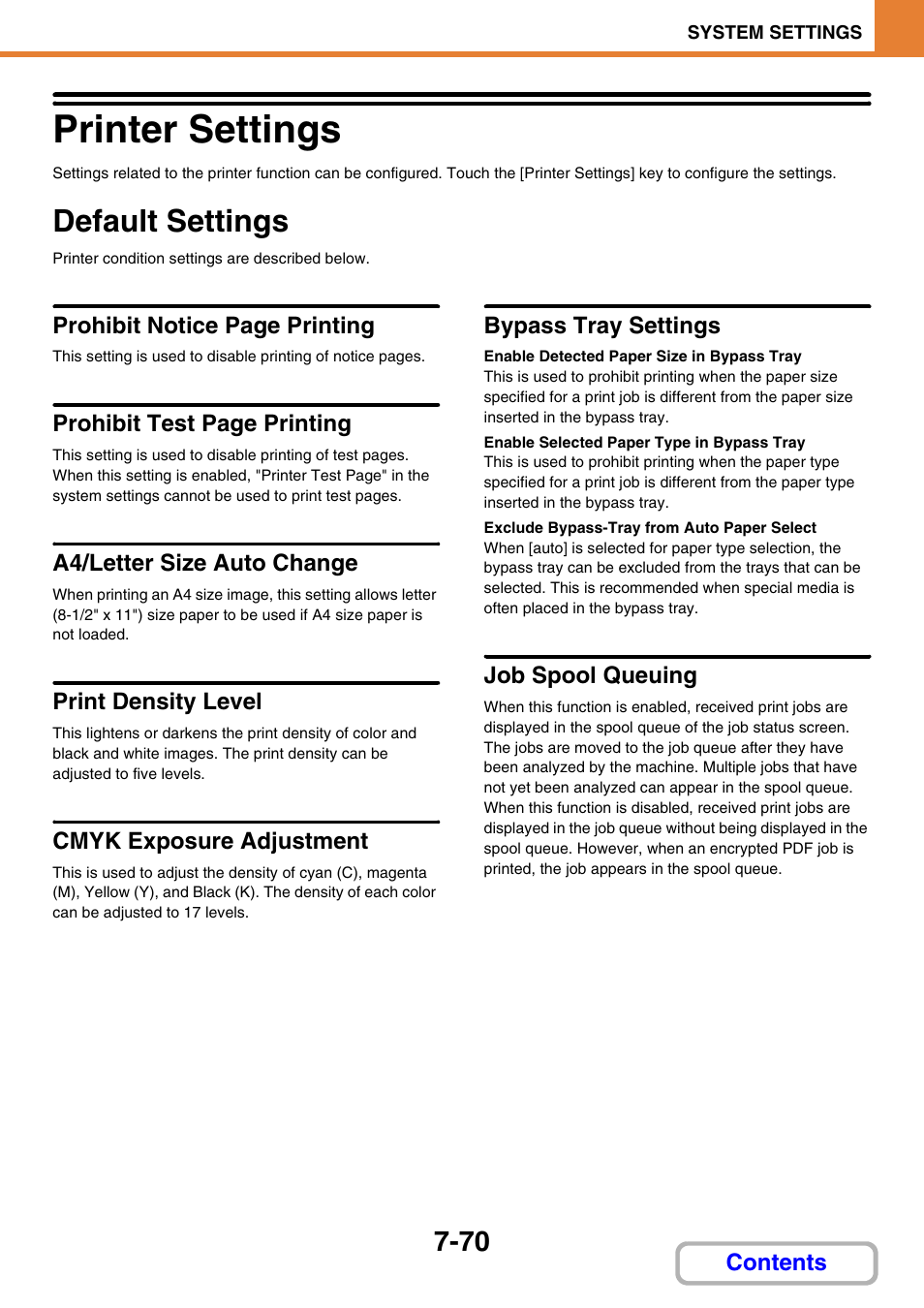 Printer settings -70, Default settings -70, Printer settings | Default settings, A4/letter size auto change, Print density level, Cmyk exposure adjustment, Bypass tray settings, Enable detected paper size in bypass tray, Enable selected paper type in bypass tray | Sharp MX-3100N User Manual | Page 716 / 799
