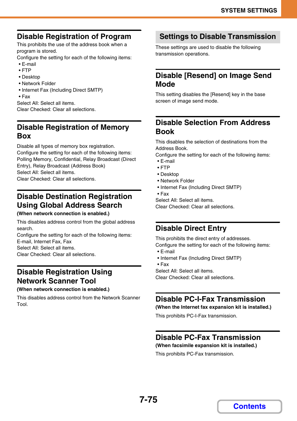 Disable registration of program, Disable registration of memory box, Disable registration using network scanner tool | Settings to disable transmission, Disable [resend] on image send mode, Disable selection from address book, Disable direct entry, Disable pc-i-fax transmission, Disable pc-fax transmission, Contents disable registration of program | Sharp MX-3100N User Manual | Page 721 / 799