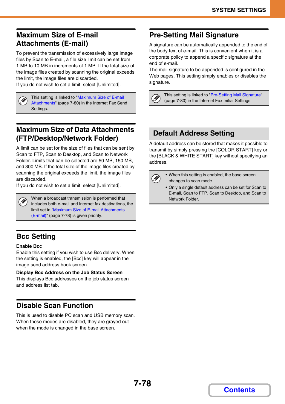 Default address setting, Age 7-78, Maximum size of e-mail attachments (e-mail) | Bcc setting, Disable scan function, Pre-setting mail signature | Sharp MX-3100N User Manual | Page 724 / 799