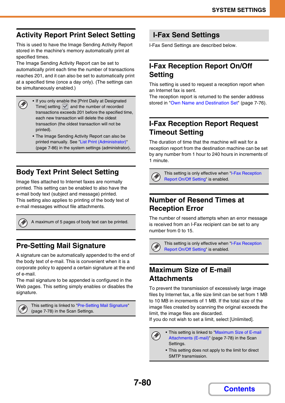 Activity report print select setting, Body text print select setting, Pre-setting mail signature | I-fax send settings, I-fax reception report on/off setting, I-fax reception report request timeout setting, Number of resend times at reception error, Maximum size of e-mail attachments, Maximum size of e-mail, Attachments | Sharp MX-3100N User Manual | Page 726 / 799