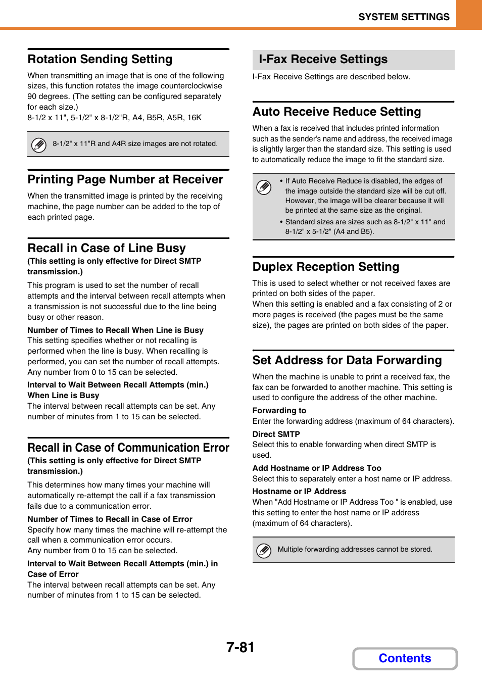 Set address for data forwarding, Age 7-81, Rotation sending setting | Recall in case of line busy, Recall in case of communication error, I-fax receive settings, Auto receive reduce setting, Duplex reception setting, Contents rotation sending setting, Printing page number at receiver | Sharp MX-3100N User Manual | Page 727 / 799