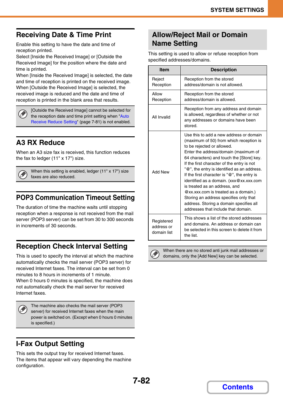 Receiving date & time print, A3 rx reduce, Pop3 communication timeout setting | Reception check interval setting, I-fax output setting, Allow/reject mail or domain name setting, Contents receiving date & time print | Sharp MX-3100N User Manual | Page 728 / 799