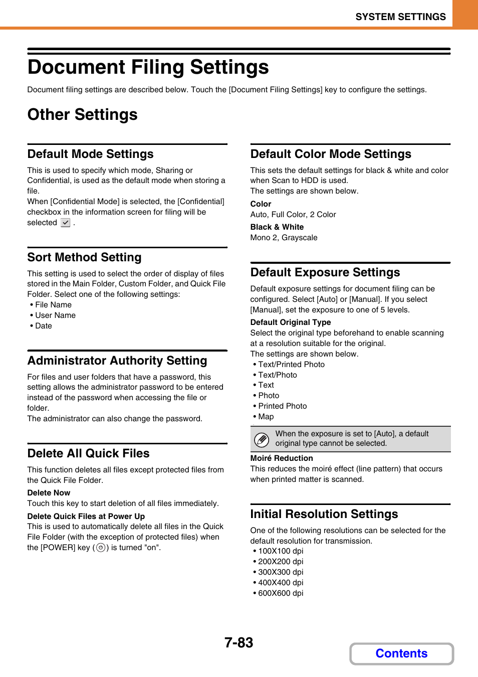 Delete all files, Document filing settings -83, Other settings -83 | Document filing settings, Other settings, Default mode settings, Sort method setting, Administrator authority setting, Delete all quick files, Default color mode settings | Sharp MX-3100N User Manual | Page 729 / 799