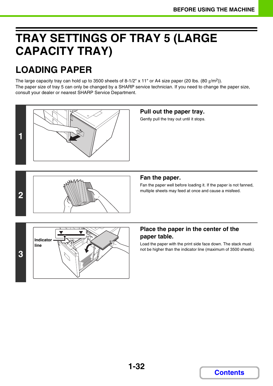 Tray settings of tray 5 (large capacity tray) -32, Loading paper -32, Tray settings of tray 5 (large capacity tray) | Loading paper | Sharp MX-3100N User Manual | Page 73 / 799