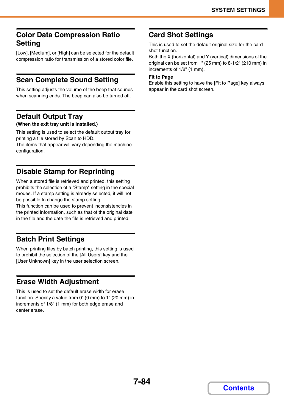 Color data compression ratio setting, Scan complete sound setting, Default output tray | Disable stamp for reprinting, Batch print settings, Erase width adjustment, Card shot settings, Contents color data compression ratio setting | Sharp MX-3100N User Manual | Page 730 / 799