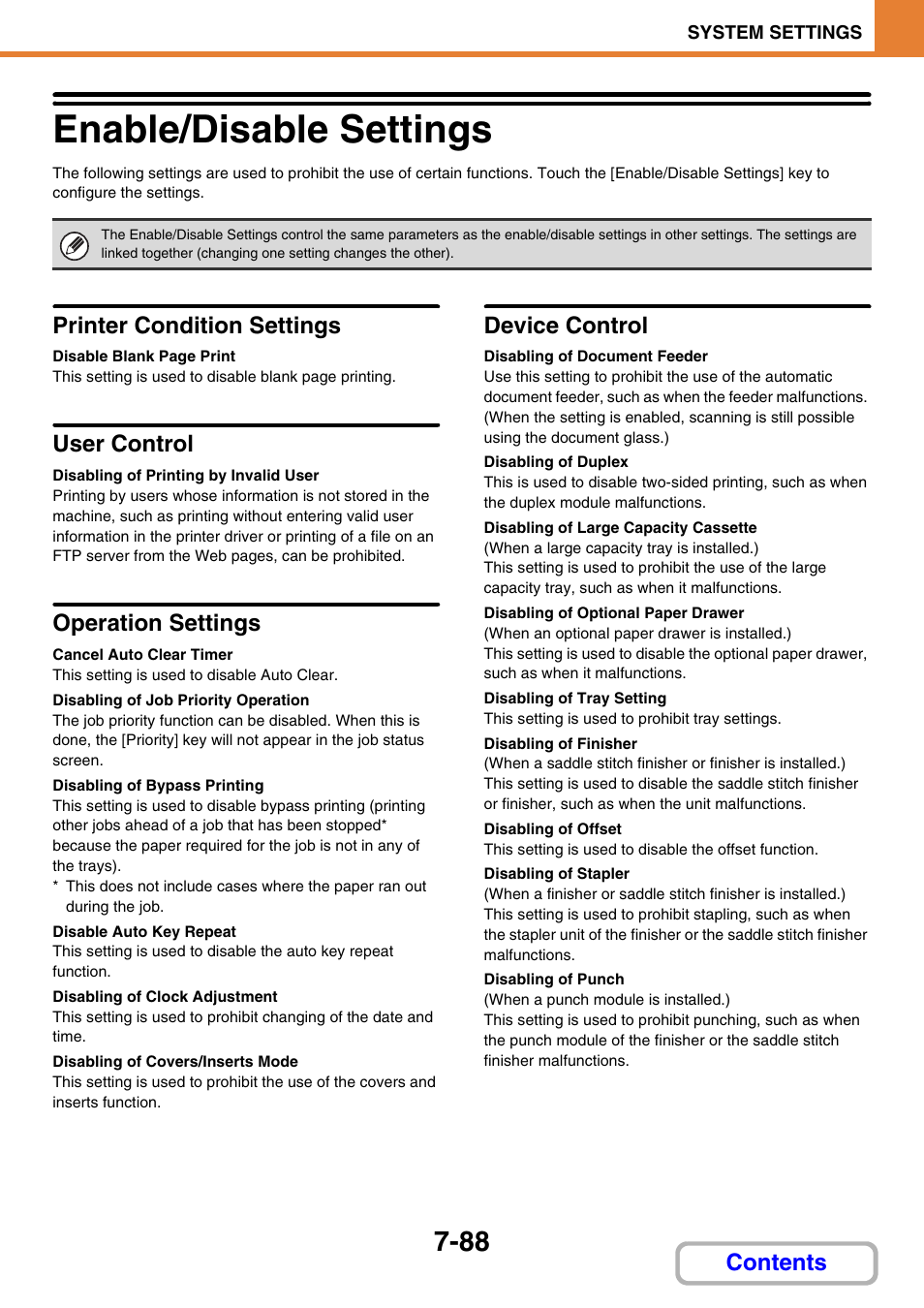 Enable/disable settings -88, Enable/disable settings, Printer condition settings | User control, Disabling of printing by invalid user, Operation settings, Cancel auto clear timer, Disabling of job priority operation, Disabling of bypass printing, Disable auto key repeat | Sharp MX-3100N User Manual | Page 734 / 799