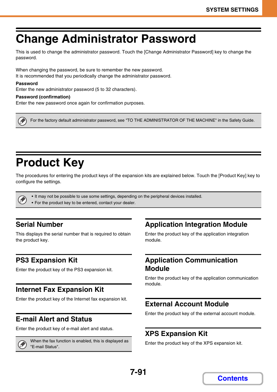 Change administrator password -91, Product key -91, Change administrator password | Product key, Serial number, Ps3 expansion kit, Internet fax expansion kit, E-mail alert and status, Application integration module, Application communication module | Sharp MX-3100N User Manual | Page 737 / 799