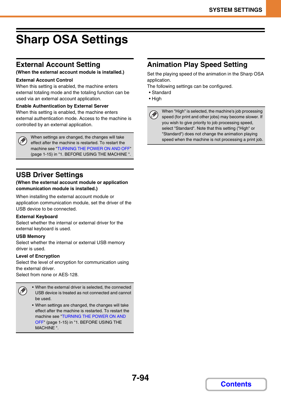 Sharp osa settings -94, Sharp osa settings, External account setting | External account control, Enable authentication by external server, Usb driver settings, External keyboard, Usb memory, Level of encryption, Animation play speed setting | Sharp MX-3100N User Manual | Page 740 / 799