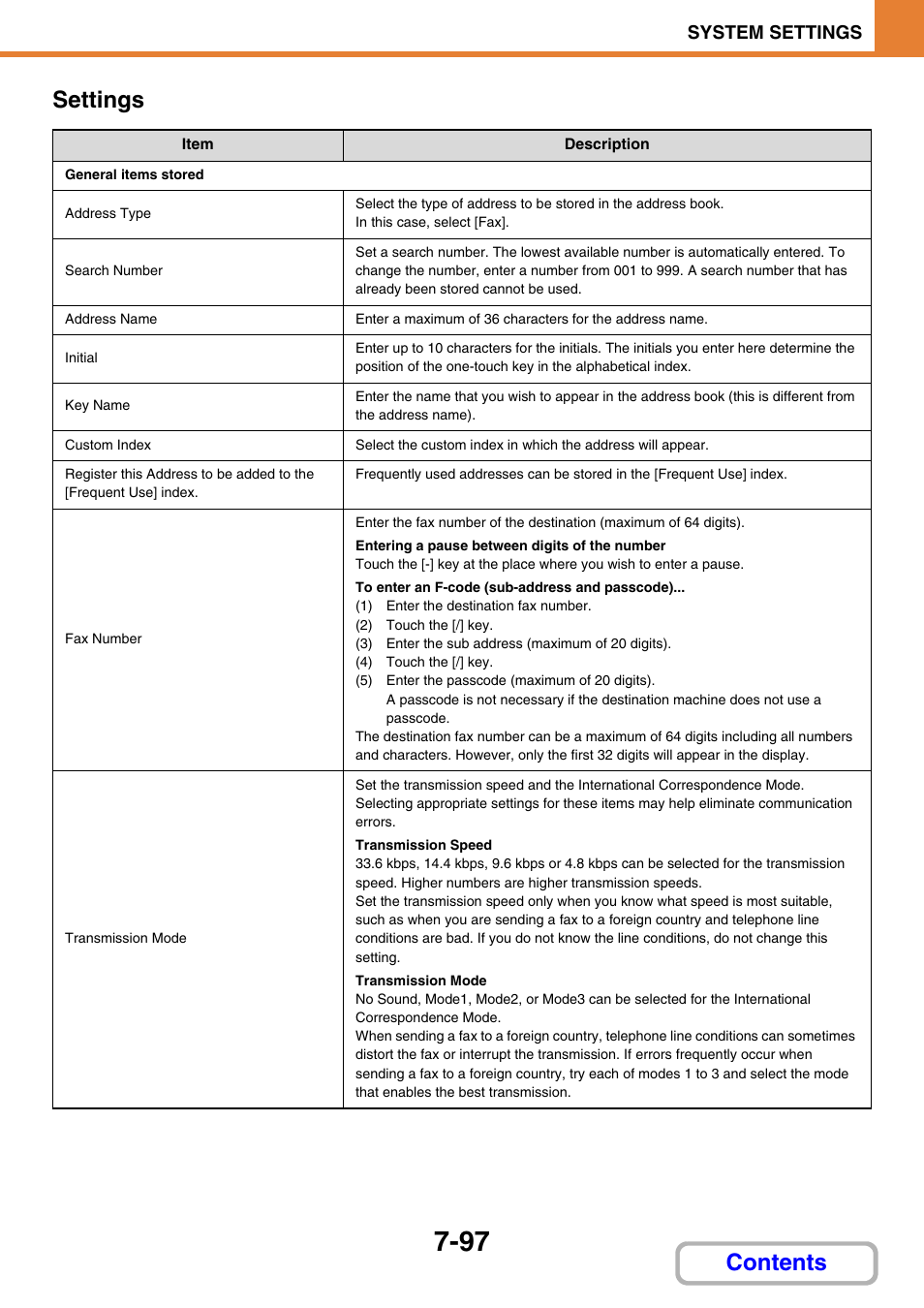 Settings, E 7-97, Contents settings | System settings | Sharp MX-3100N User Manual | Page 743 / 799