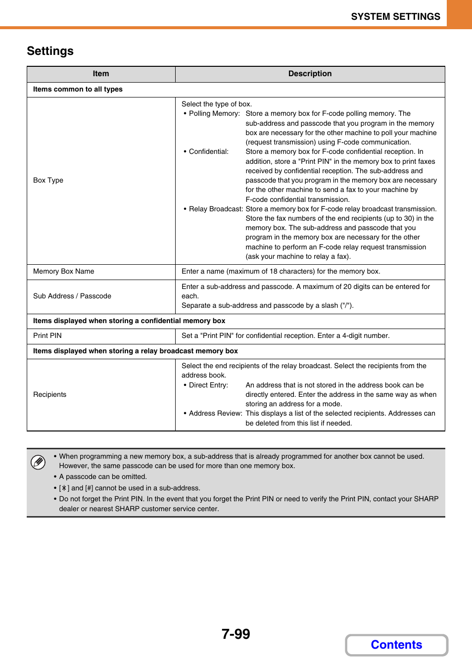 Settings, E 7-99, Contents settings | System settings | Sharp MX-3100N User Manual | Page 745 / 799