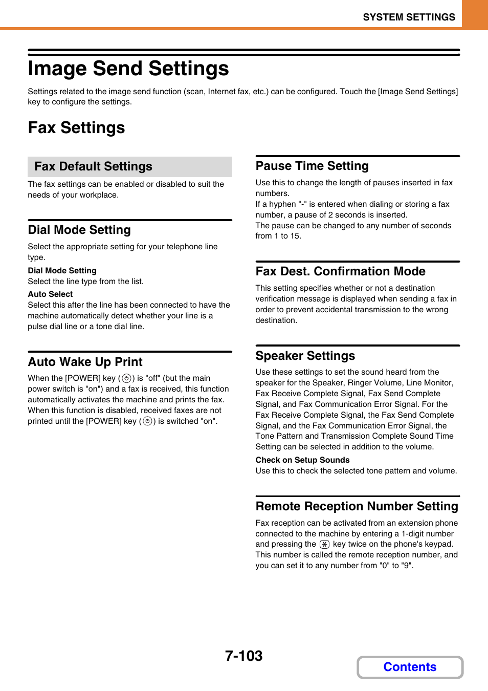 Image send settings -103, Fax settings -103, Image send settings | Fax settings, Fax default settings, Dial mode setting, Auto wake up print, Pause time setting, Fax dest. confirmation mode, Speaker settings | Sharp MX-3100N User Manual | Page 749 / 799