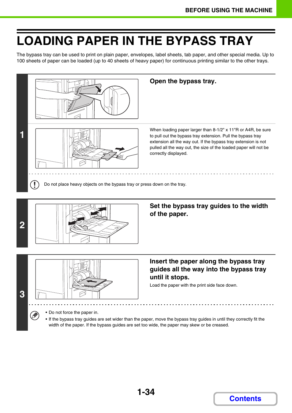 Loading paper in the bypass tray -34, Loading paper in the bypass tray, E 1-34) | Sharp MX-3100N User Manual | Page 75 / 799