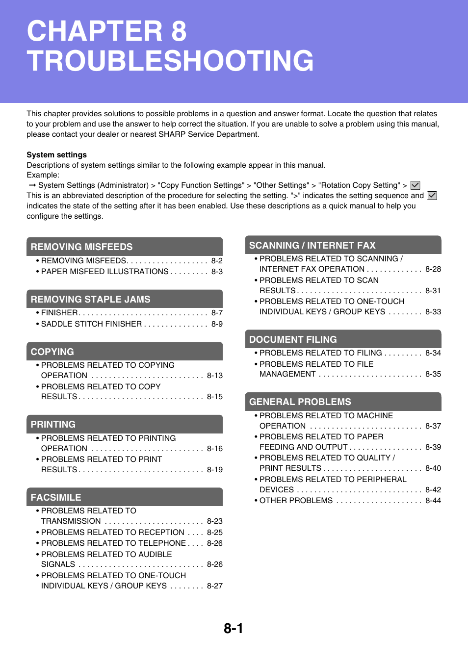 Troubleshooting, Chapter 8 troubleshooting | Sharp MX-3100N User Manual | Page 755 / 799