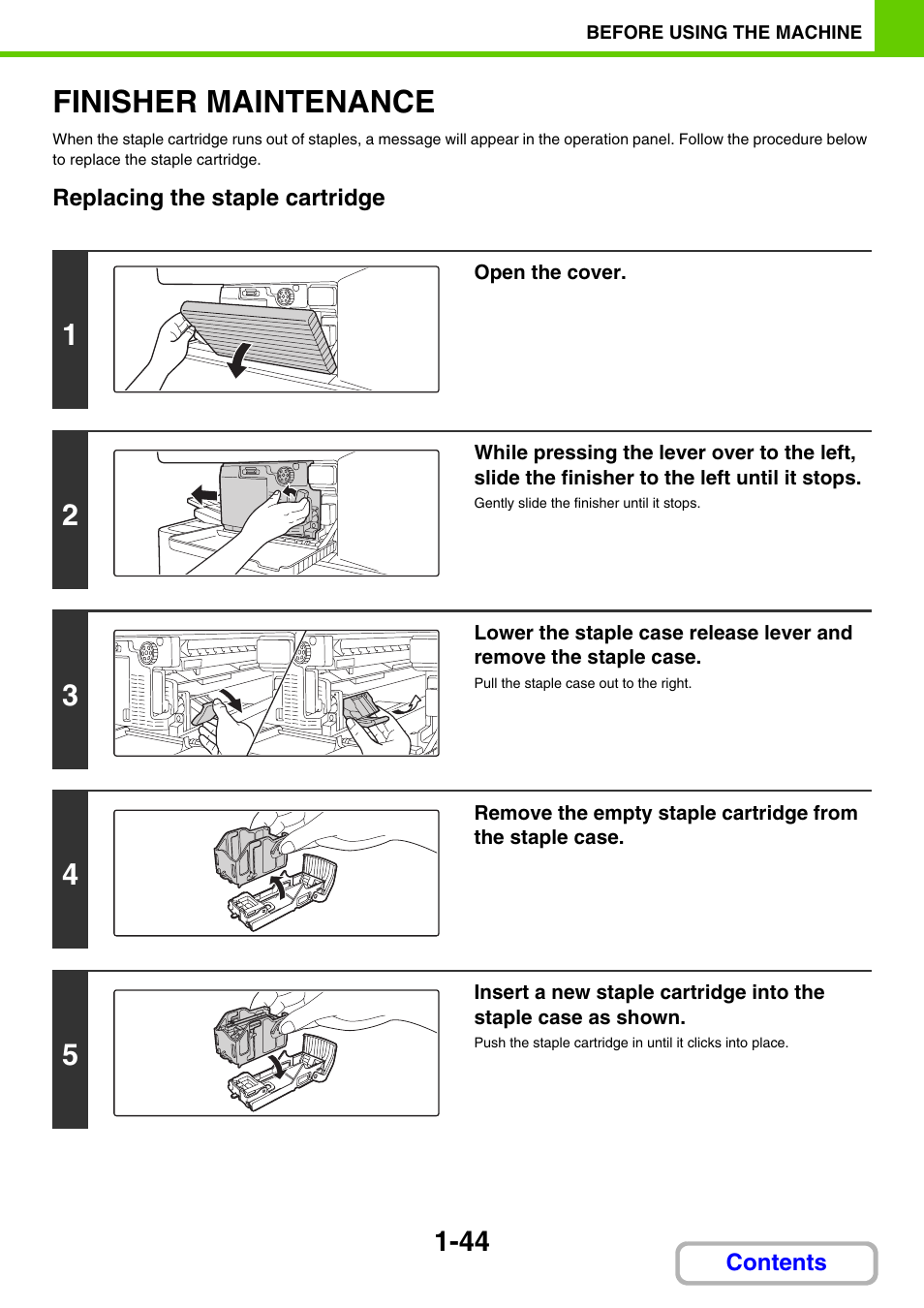 Replace the, Staple cartridge, Finisher maintenance -44 | Finisher maintenance | Sharp MX-3100N User Manual | Page 85 / 799