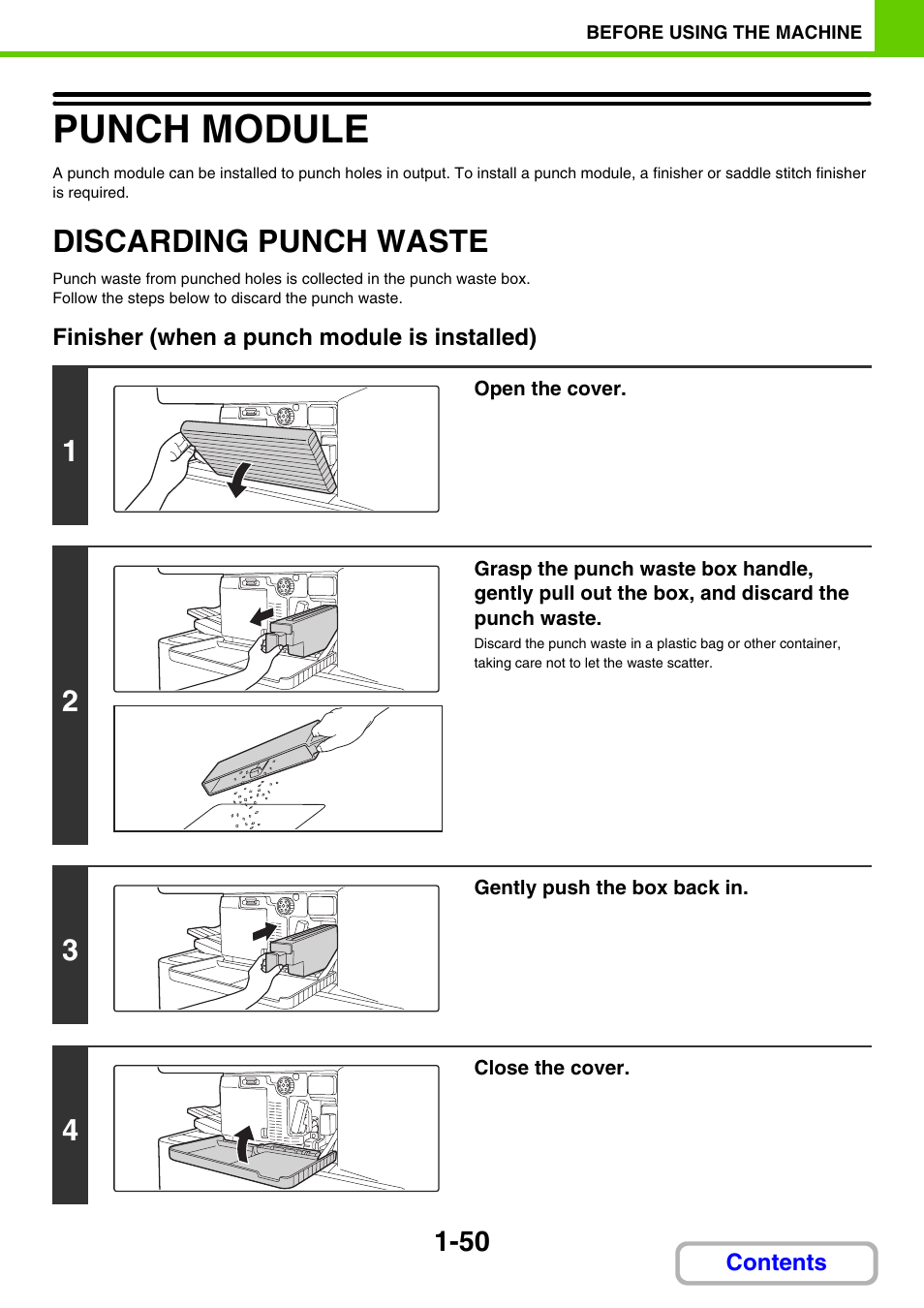 Dispose of punch, Waste, Punch module -50 | Discarding punch waste -50, Punch module, Discarding punch waste | Sharp MX-3100N User Manual | Page 91 / 799