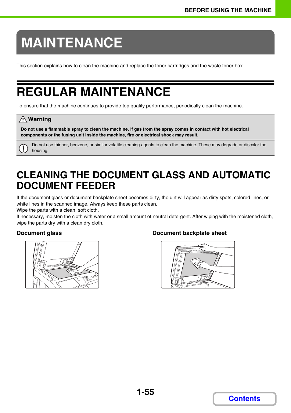 Maintenance, Regular maintenance -55, Cleaning the document glass | And automatic document feeder -55, Regular maintenance, E 1-55) | Sharp MX-3100N User Manual | Page 96 / 799