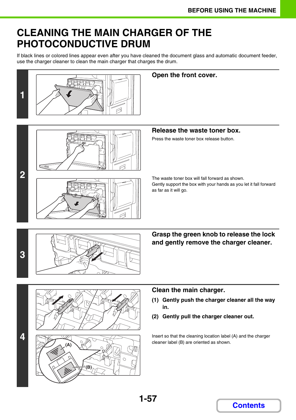 Clean the main charger of the photoconductive drum, Cleaning the main charger of, The photoconductive drum -57 | Sharp MX-3100N User Manual | Page 98 / 799