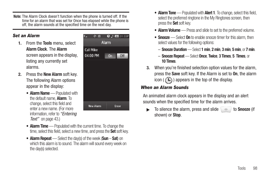 Set an alarm, When an alarm sounds | Sharp SCH-R850 User Manual | Page 101 / 162