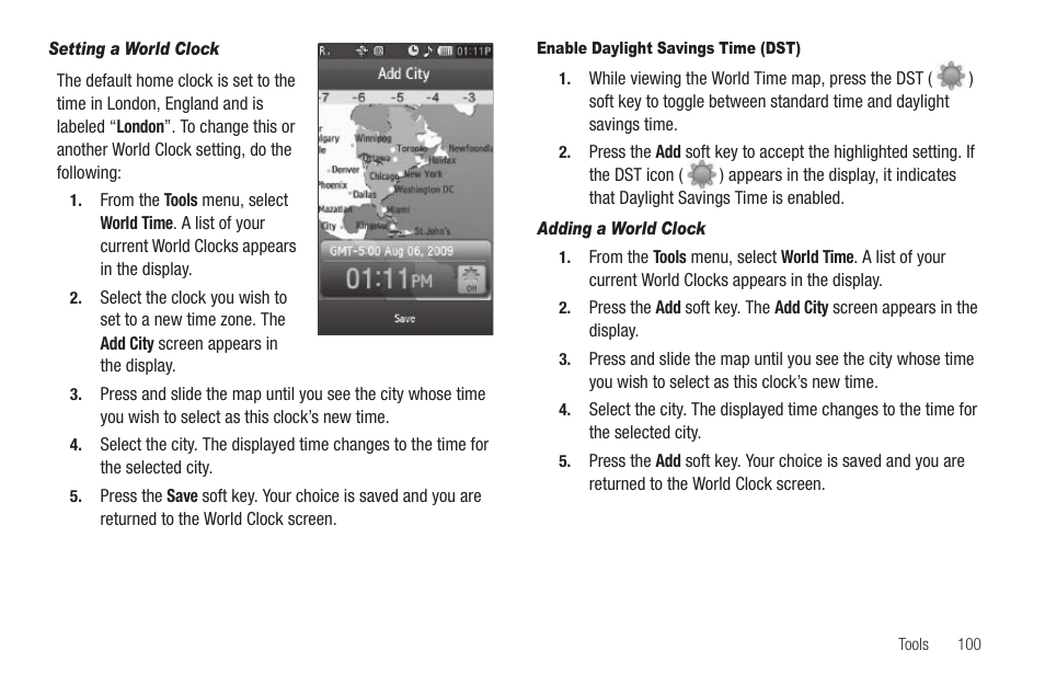 Setting a world clock, Enable daylight savings time (dst), Adding a world clock | Sharp SCH-R850 User Manual | Page 103 / 162