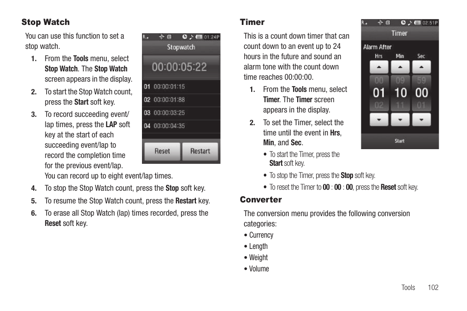 Stop watch, Timer, Converter | Stop watch timer converter | Sharp SCH-R850 User Manual | Page 105 / 162