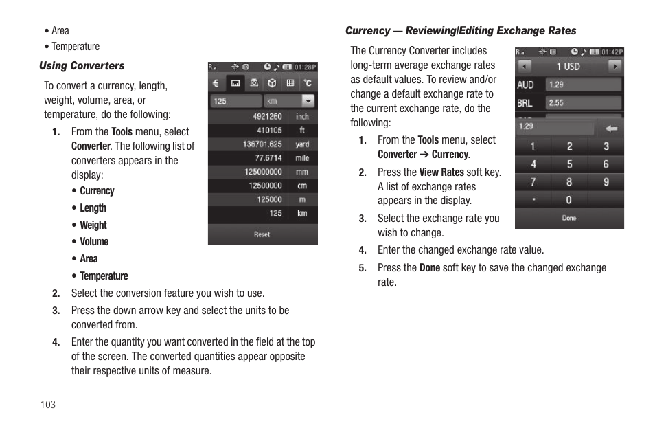 Using converters, Currency — reviewing/editing exchange rates | Sharp SCH-R850 User Manual | Page 106 / 162