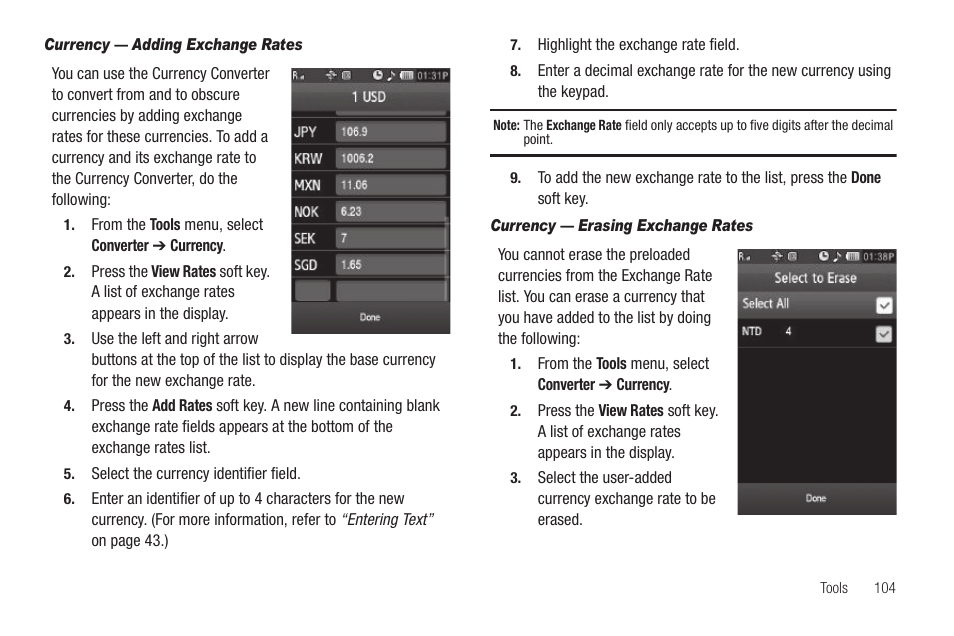 Currency — adding exchange rates, Currency — erasing exchange rates | Sharp SCH-R850 User Manual | Page 107 / 162