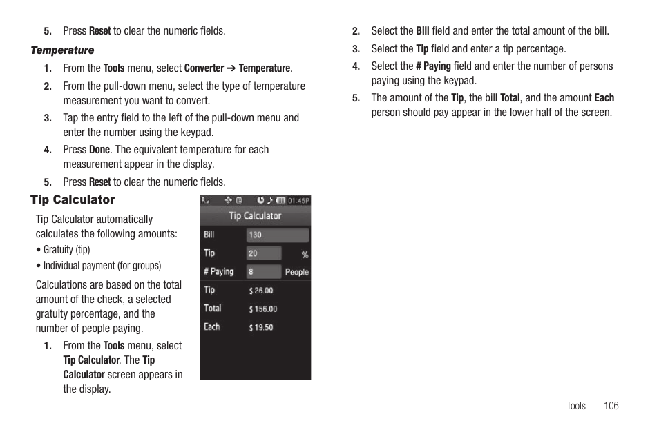 Temperature, Tip calculator | Sharp SCH-R850 User Manual | Page 109 / 162