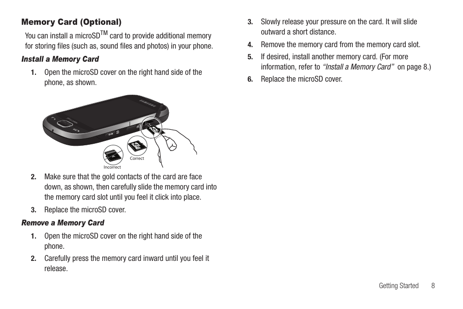 Memory card (optional), Install a memory card, Remove a memory card | Sharp SCH-R850 User Manual | Page 11 / 162