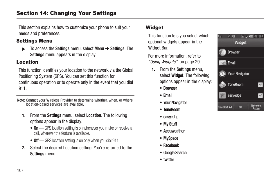 Section 14: changing your settings, Settings menu, Location | Widget, Settings menu location widget | Sharp SCH-R850 User Manual | Page 110 / 162