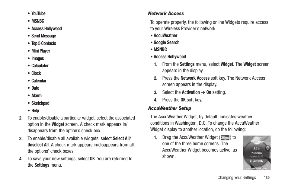 Network access, Accuweather setup | Sharp SCH-R850 User Manual | Page 111 / 162