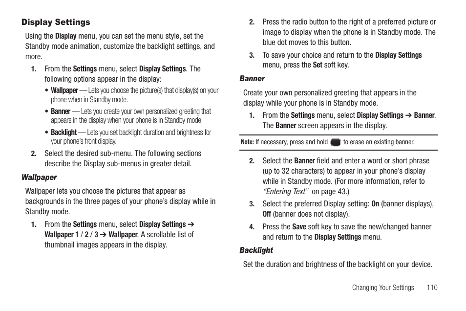 Display settings, Wallpaper, Banner | Backlight | Sharp SCH-R850 User Manual | Page 113 / 162