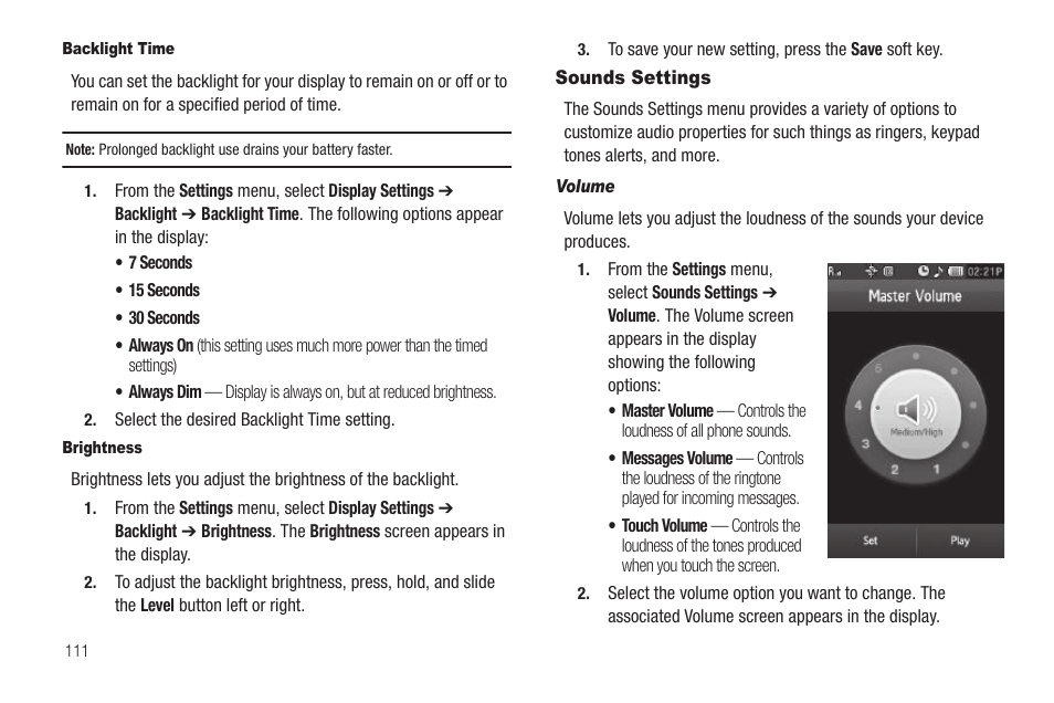 Backlight time, Brightness, Sounds settings | Volume | Sharp SCH-R850 User Manual | Page 114 / 162