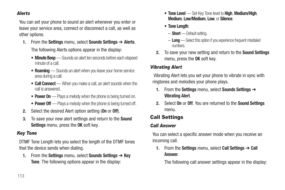 Alerts, Key tone, Vibrating alert | Call settings, Call answer, Key except, For more | Sharp SCH-R850 User Manual | Page 116 / 162