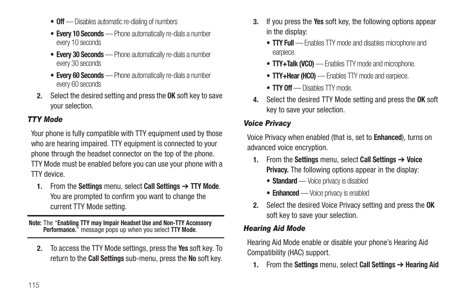 Tty mode, Voice privacy, Hearing aid mode | Sharp SCH-R850 User Manual | Page 118 / 162